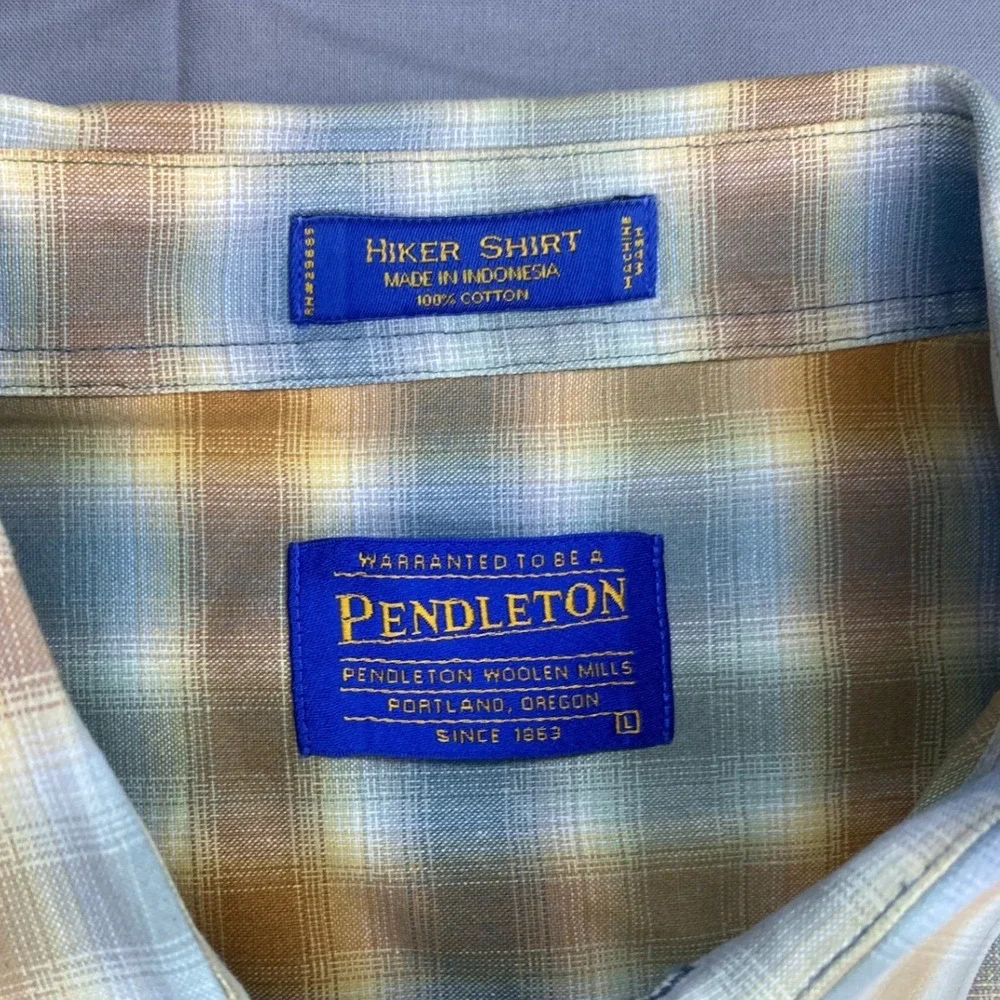 Pendleton Hiker Shirt Mens Large Blue Orange Plaid Excellent Short Sleeve Cotton